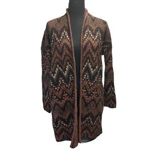 Lucky Brand Long Ikat Cardigan Knit‎ Sweater Black Maroon Wool Acrylic Medium